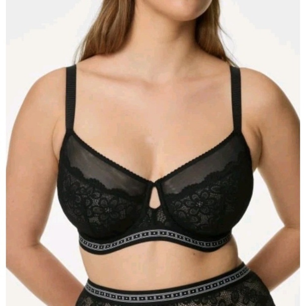 Marks & Spencer Black Lace Underwire Bra 40DD Sheer Mesh Full Cup